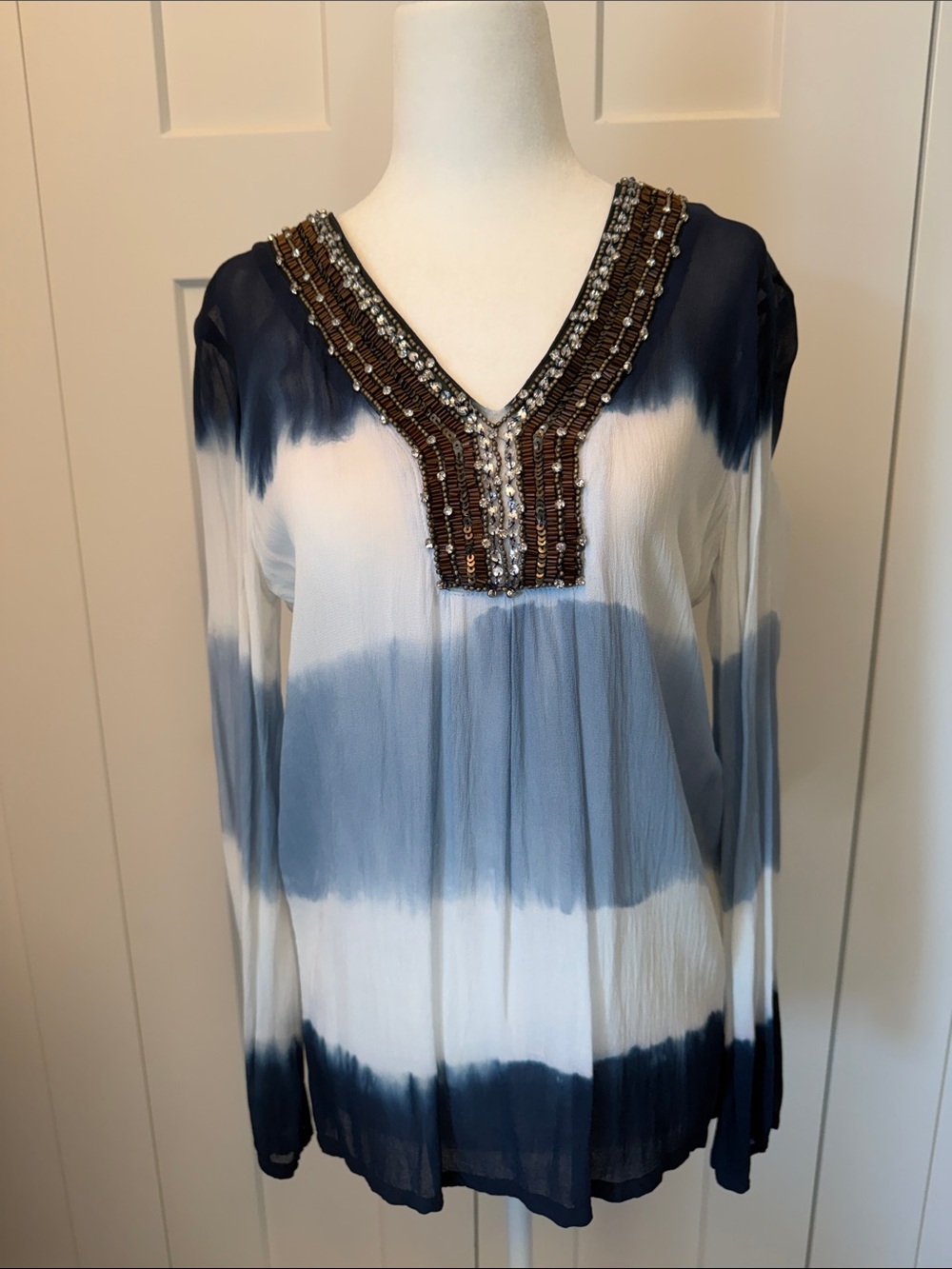 Michael Kors Navy, Light Blue and White Beaded V-Neck Blouse